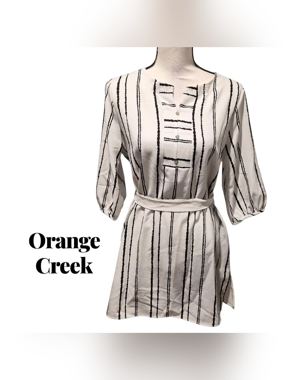 orange creek White Tunic Dress with Black Vertical Stripes and Belt Medium